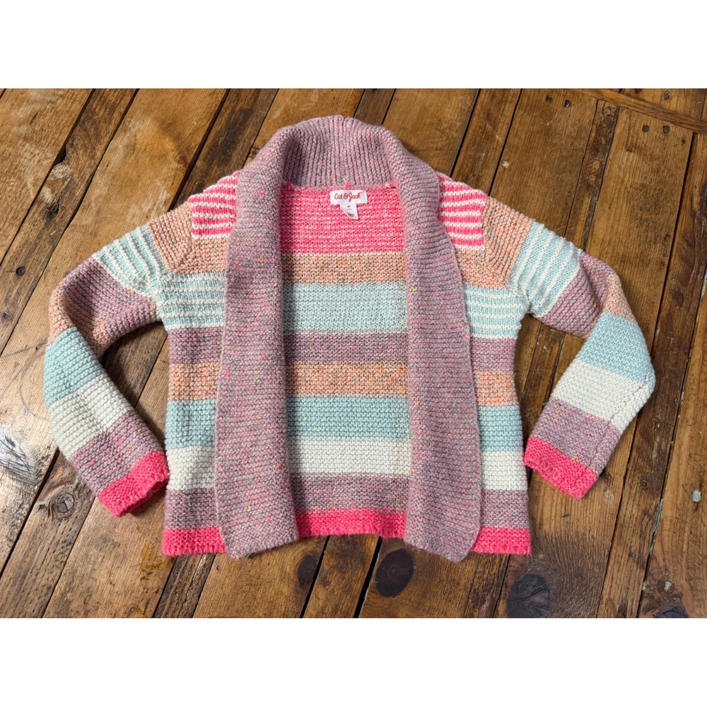 Girls 5T Chunky Knit Cardigan Pastel Colorblock Cottagecore Cozy Sweater